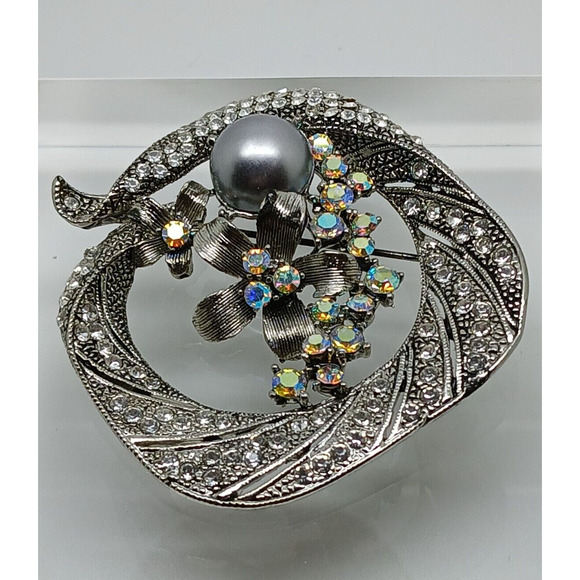 Estate Jewelry - Gorgeous Vintage Estate Silver Grey Pearl Rhinestone Crystal AB Brooch